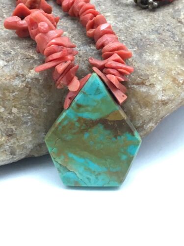 Native American Turquoise Coral Pendant Necklace | Brass Old Pawn | 19" | 4002