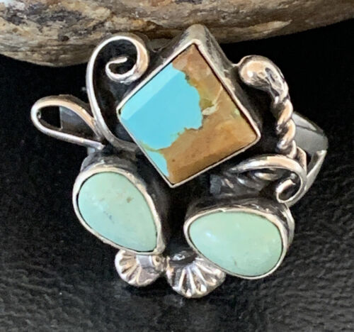 Navajo Men's Sterling Silver Ring | Blue Turquoise #8 Multi-Stone | Sz 10 | Native American Handmade | 2167