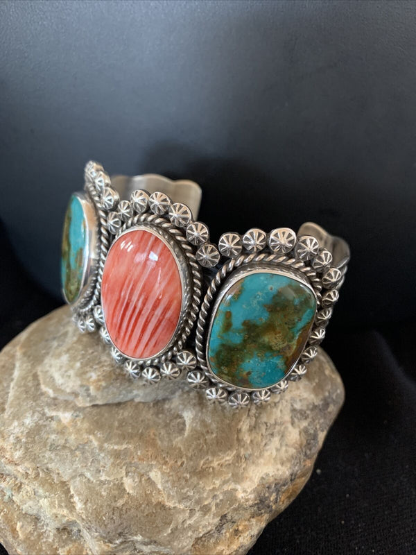 Navajo Royston Turquoise & Spiny Oyster Cuff Bracelet | Sterling Silver | Authentic Native American Handmade | 1105