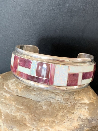 Zuni Purple Spiny Oyster Opal Inlay Cuff Bracelet | Sterling Silver | Authentic Native American Handmade | 12094