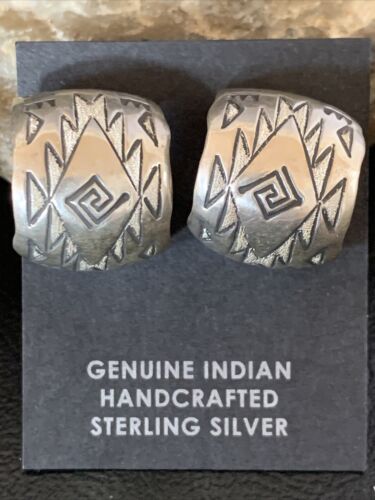 Old Pawn Women's Stamped Design Hoop Stud Earrings | Sterling Silver | 1" | 13006