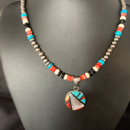 Zuni Multi-Color Turquoise Onyx Necklace | Sterling Silver Inlay Pendant | 13563