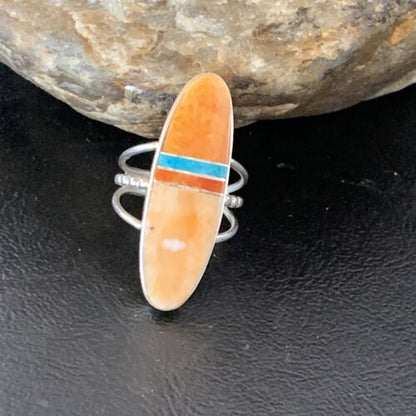 Navajo Red Spiny Oyster Turquoise Inlay Ring | Sterling Silver | Sz 6 | Authentic Native American Handmade | 11583