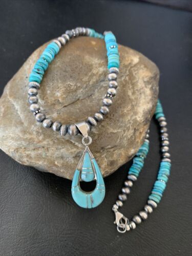 Navajo Pearl Necklace with Blue Turquoise Inlay Pendant | Sterling Silver | Authentic Native American Handmade | 12501