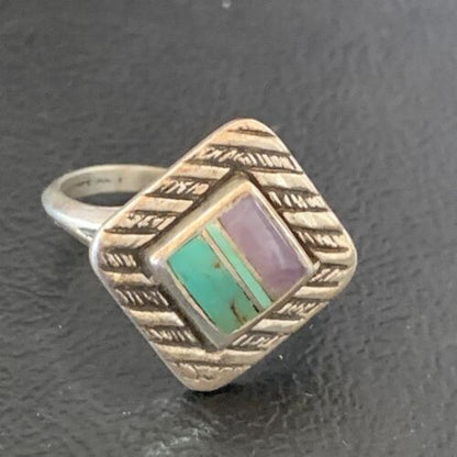 Navajo Green Turquoise Sugilite Inlay Ring | Sz 7 | Sterling Silver | Authentic Native American Handmade | 11287