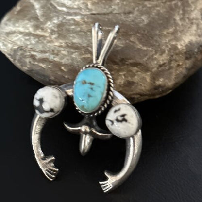 Navajo Blue Kingman Turquoise White Buffalo Naja Pendant | Sterling Silver | Authentic Native American Handmade | 14668