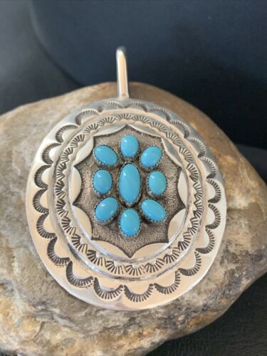 Navajo Blue Turquoise Cluster Pendant | Sterling Silver | 3" | Authentic Native American Handmade | 2105