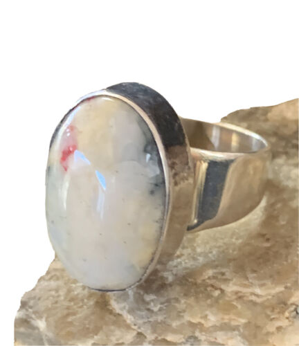 Southwestern Navajo White Black Cinnabrite Ring | Sterling Silver | Sz 7 | 1564