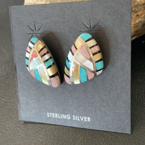 Navajo Mother of Pearl & Onyx Inlay Post Stud Earrings | Sterling Silver | Authentic Native American Handmade | 3746