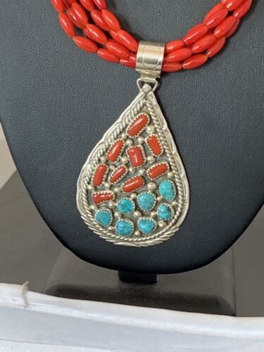 Navajo Coral Turquoise 5-Strand Necklace | Sterling Silver | Authentic Native American Handmade | 00510