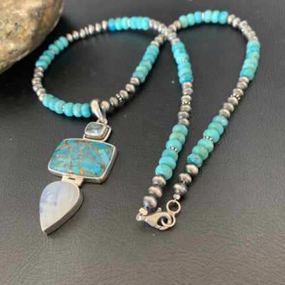 Navajo Pearls Necklace with Blue Mojave Turquoise Moon Pendant | Authentic Native American Sterling Silver | Multi-Stone | 11867