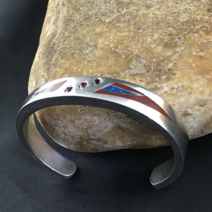 Navajo Ruby Coral Lapis Inlay Bracelet | Sterling Silver | Authentic Native American Handmade | 1098