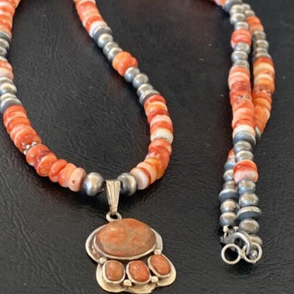 Navajo Pearl Necklace with Red Apple Coral, Spiny Oyster Pendant | Authentic Native American Sterling Silver | Multi-Stone | 12390