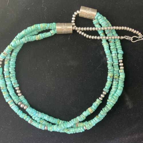 Navajo Turquoise Heishi Necklace | Sterling Silver 3 Strand 7mm | 24" | Authentic Native American Handmade | 01769