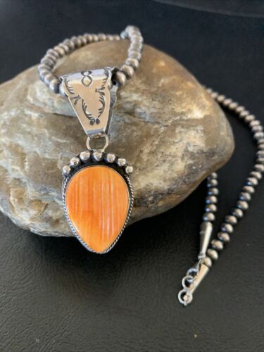 Navajo Orange Spiny Oyster Pendant Necklace | Sterling Silver | Authentic Native American Handmade | 13078