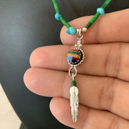 Girls Multi-Color Liquid Silver Heishi Pendant | Inlay | Sterling Silver Leaf Inlay | 02047