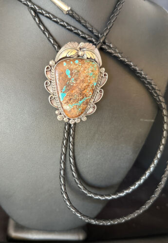 Navajo Blue Boulder Turquoise Bolo Tie | Sterling Silver | Authentic Native American Handmade | 14252