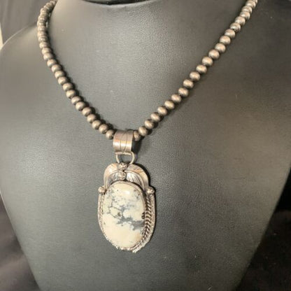 White Buffalo Turquoise Pendant Necklace | Sterling Silver | Navajo | Authentic Native American Handmade | 14052