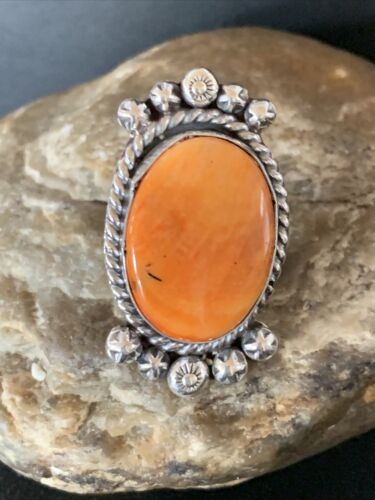 Native American Orange Spiny Oyster Navajo Ring | Sterling Silver | Sz 8 | 13283
