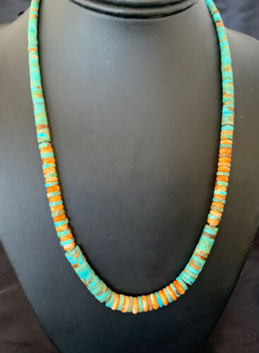 Navajo Green Turquoise & Orange Spiny Oyster Graduated Heishi Necklace | Sterling Silver | Authentic Native American | 20" | 11774
