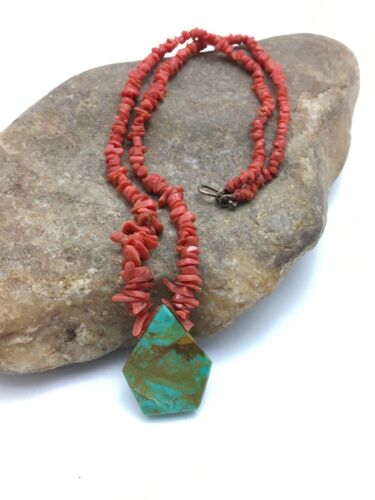 Native American Turquoise Coral Pendant Necklace | Brass Old Pawn | 19" | 4002
