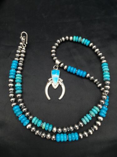 Navajo Blue Turquoise Naja Pendant Necklace | Sterling Silver | Authentic Native American Handmade | 2699 - Masha USA