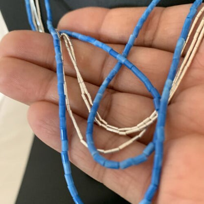Navajo Denim Lapis Tube Beads Necklace | 5-Strand Liquid Silver Heishi | Sterling Silver | 02179 - Masha USA