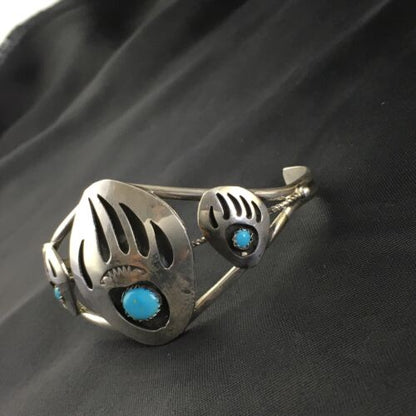 Navajo Turquoise Bear Paw Cuff Bracelet | Sterling Silver | Authentic Native American Handmade | 10242