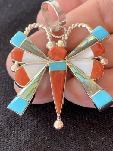 Zuni Turquoise Coral Mother of Pearl Butterfly Necklace Pin Pendant | Sterling Silver Inlay | 1368