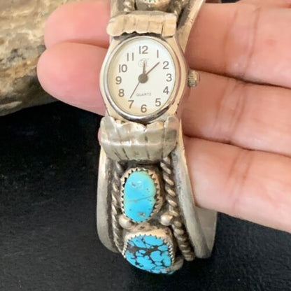 Navajo Sterling Silver Watch Cuff Bracelet | Blue Turquoise | Authentic Native American Jewelry | 13239