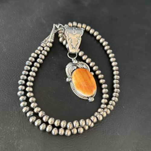Navajo Orange Spiny Oyster Pendant Necklace | Sterling Silver | Authentic Native American Handmade | 14684