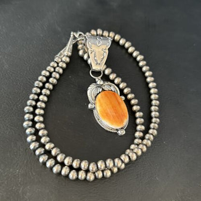 Navajo Orange Spiny Oyster Pendant Necklace | Sterling Silver | Authentic Native American Handmade | 14684