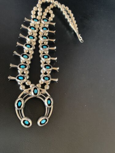 Navajo Kingman Turquoise Shadowbox Squash Blossom Necklace | Sterling Silver | Authentic Native American Handmade | 13108