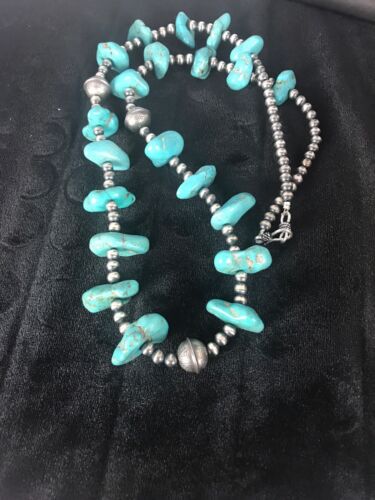 Southwestern | Santo Domingo Kingman Turquoise Bead Necklace | Authentic Native American Handmade | 26" | Quinta 8348