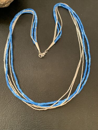 Navajo Denim Lapis Tube Beads Necklace | 5-Strand Liquid Silver Heishi | Sterling Silver | 02179 - Masha USA