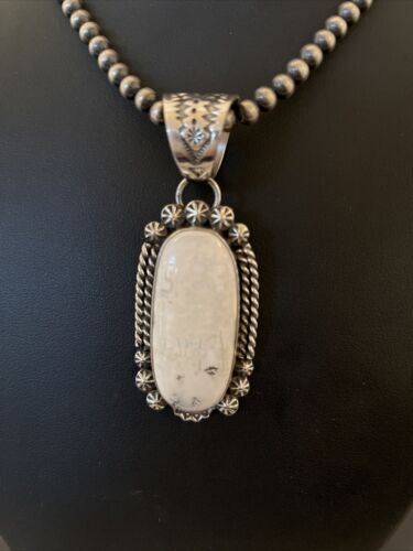 Men's White Buffalo Turquoise Pendant | Navajo Pearl Sterling Silver Necklace | Authentic Native American Handmade | 1072