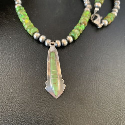 Navajo Green Gaspeite Turquoise Inlay Pendant | Sterling Silver | Authentic Native American Handmade | 13268
