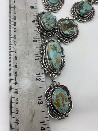 Navajo Sterling Silver Lariat Necklace | Royston Turquoise Squash Pendant | Authentic Native American Handmade | 01545