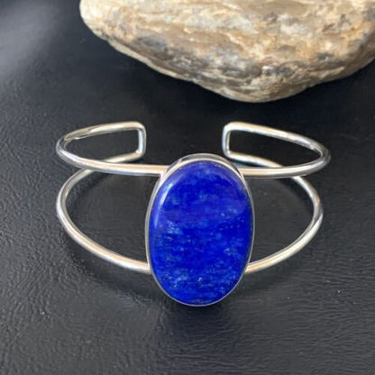 Minimalist Women's Blue Lapis Lazuli Cuff Wire Bracelet | Sterling Silver | 12871