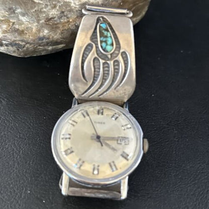 Men's Bear Paw Blue Turquoise Chip Inlay Watch Tips | Navajo Sterling Silver | Authentic Native American Jewelry | 14310