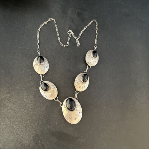 Navajo Black Onyx Pendant Necklace | Sterling Silver | Authentic Native American Handmade | 20" | 14482