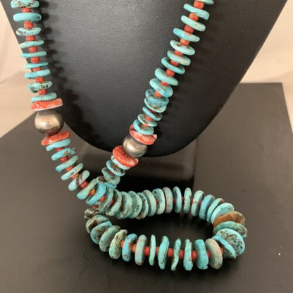 Authentic Native American Navajo Sterling Silver Necklace | Blue Turquoise & Spiny Oyster | 32" | 01672