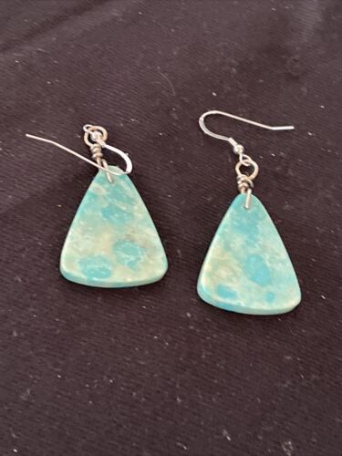 Southwestern Navajo Slab Turquoise Dangle Earrings | Sterling Silver | Authentic Native American Handmade | 1325