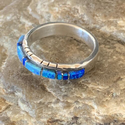 Navajo Blue Opal Inlay Ring | Sterling Silver | Sz 10.5 | Authentic Native American Handmade | Yazzie | 12963