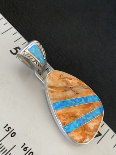 Men's Navajo Orange Spiny Oyster Blue Opal Inlay Pendant | Sterling Silver | Native American Handmade | 12487