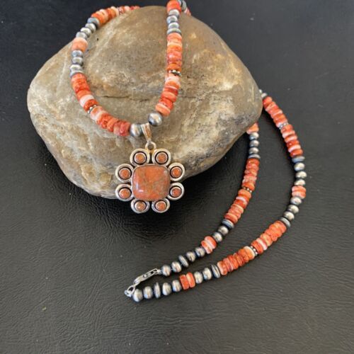 Navajo Pearl Necklace with Red Apple Coral, Spiny Oyster Pendant Multi-Stone | Authentic Native American Sterling Silver | Multi-Stone | 12372