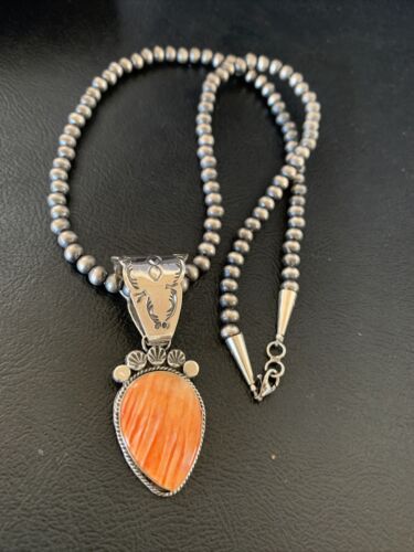 Navajo Orange Spiny Oyster Pendant Necklace | Sterling Silver | Authentic Native American Handmade | 13079