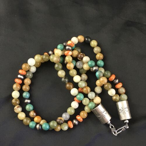 Navajo Sterling Silver Jasper Coral Turquoise Necklace | 19" | Authentic Native American Handmade | 10266