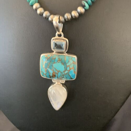 Navajo Pearls Sterling Silver Blue Mojave Turquoise Necklace Pendant | Multi-Stone | 11820