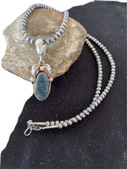 Men's Navajo Sterling Silver Beads Necklace | Denim Lapis Pendant | 2" | Authentic Native American Handmade | 1211